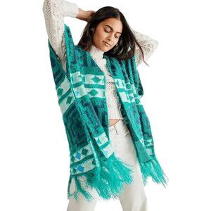 Free People Diamondback Cozy Kimono Green Poncho Southwestern OS Eyelash Knit